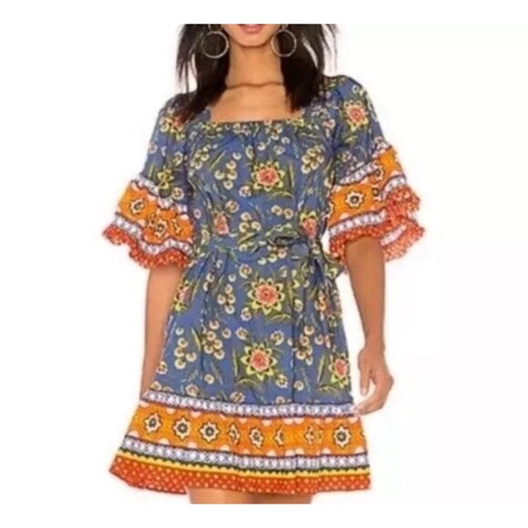 Joie Chloris Dress Size S Baja Blue Bell Sleeve Multicolor Printed Floral - Picture 2 of 6